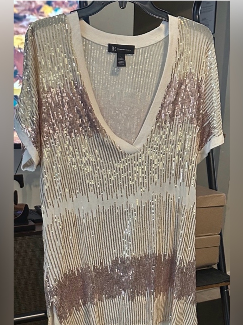 INC International Concepts White and Gold Sequin Short Sleeve Top